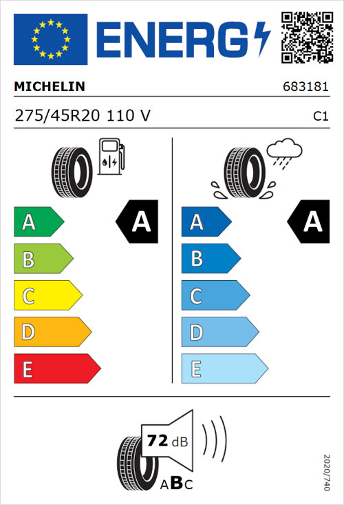 Tyre Label for Michelin Pilot Sport 4 SUV 275/45R20 110V